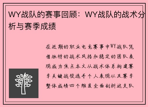 WY战队的赛事回顾：WY战队的战术分析与赛季成绩
